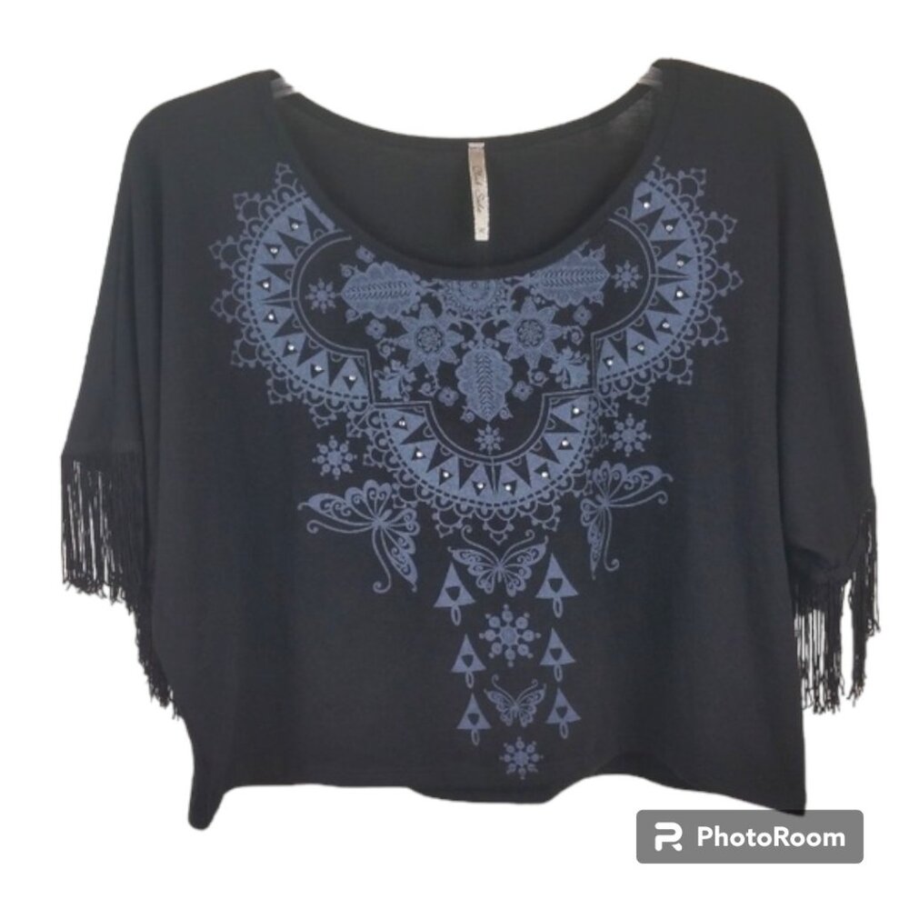 Club Soda Black Fringe Sleeve Cropped Southwest Graphic Rhinestones TeeM EUC